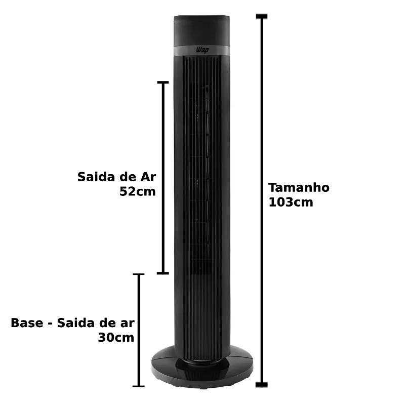 Foto das medidas do ventilador de torre WAP Silence Tower mostrando a saída de ar.