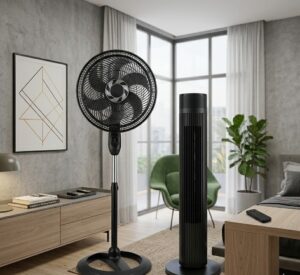 Ventilador torre WAP e coluna Britania maxx force lado a lado em um quarto mdoerno.