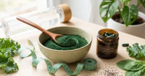 Espirulina em pó em uma colher de madeira, suplemento associado à perda de peso