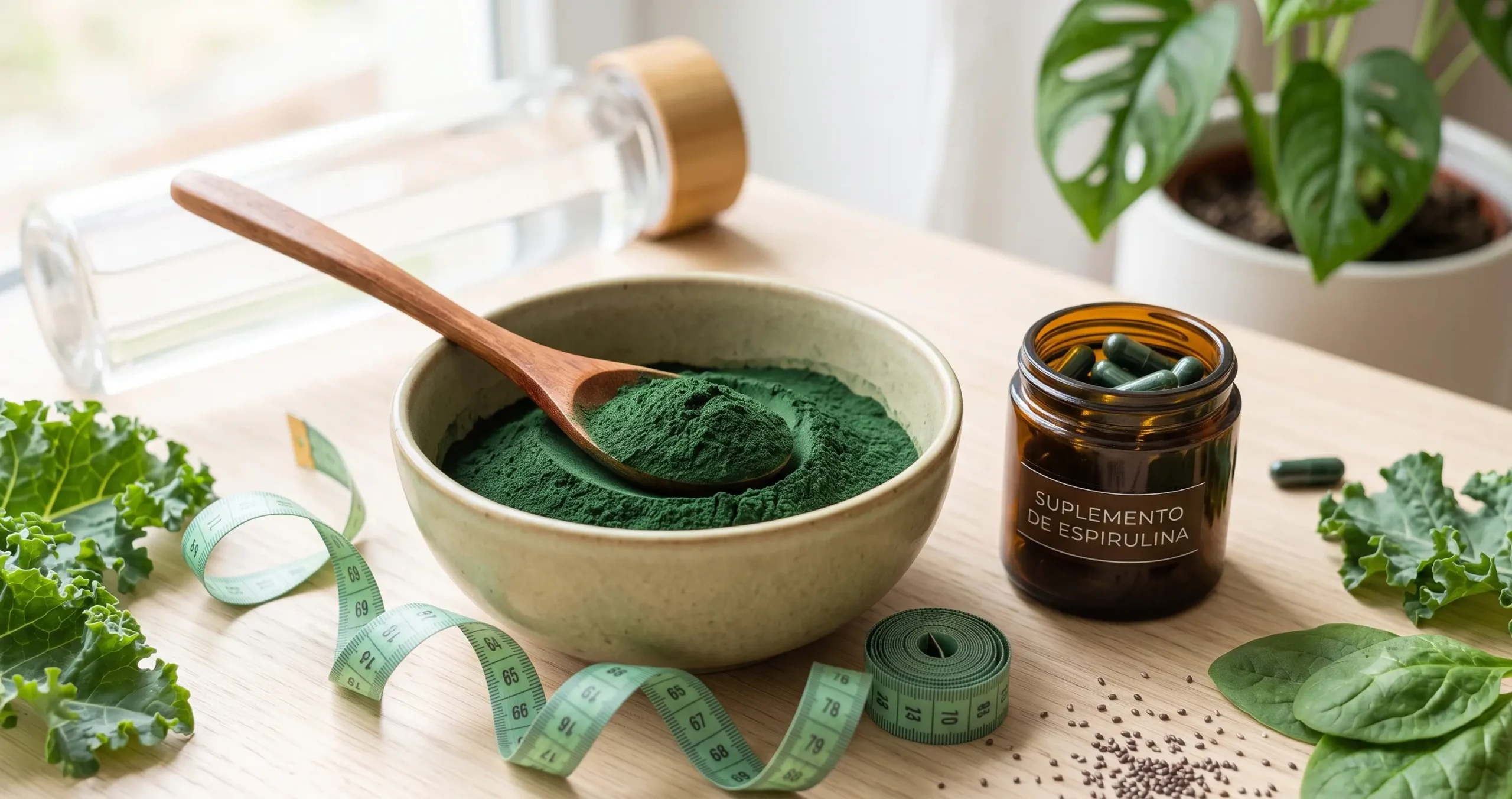 Espirulina em pó em uma colher de madeira, suplemento associado à perda de peso